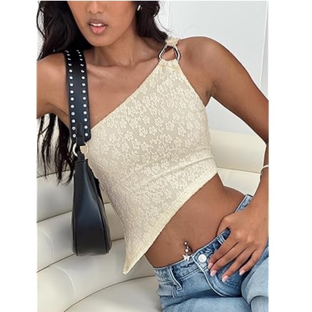 NWT Princess Polly Toomba One Shoulder Cream Floral Textured Crop Top US 4